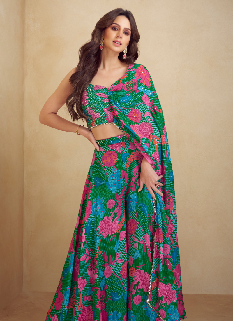Designer Green Chinon Silk Poncho Style Palazzo Set with Pink Floral Print – Festive Wear