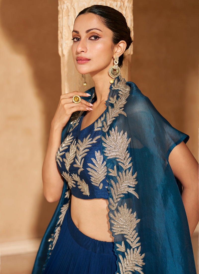 Blue Embroidered Lehenga Set with Cape Dupatta for Pakistani Festival and Indian Wedding