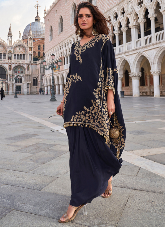 Designer Blue Crepe Silk Indo-Western Embroidered Shrug with Palazzo