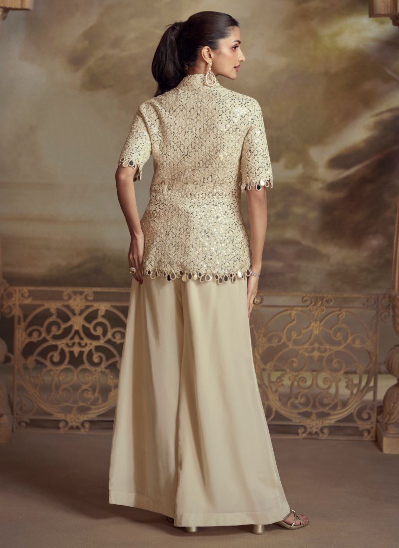 Designer Cream Viscose Palazzo Suit for Indian Wedding and Pakistani Festival