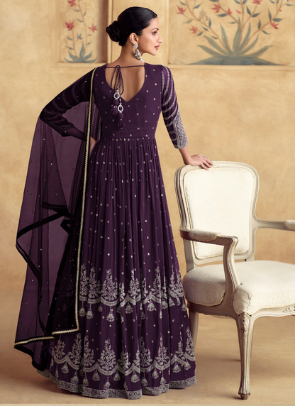 Purple Georgette Embroidered Anarkali Suit with Dupatta for Pakistani Weddings and Indian Festivals