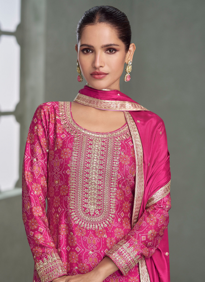 Rani Pink Chinon Silk Sharara Suit for Indian Wedding and Pakistani Festival