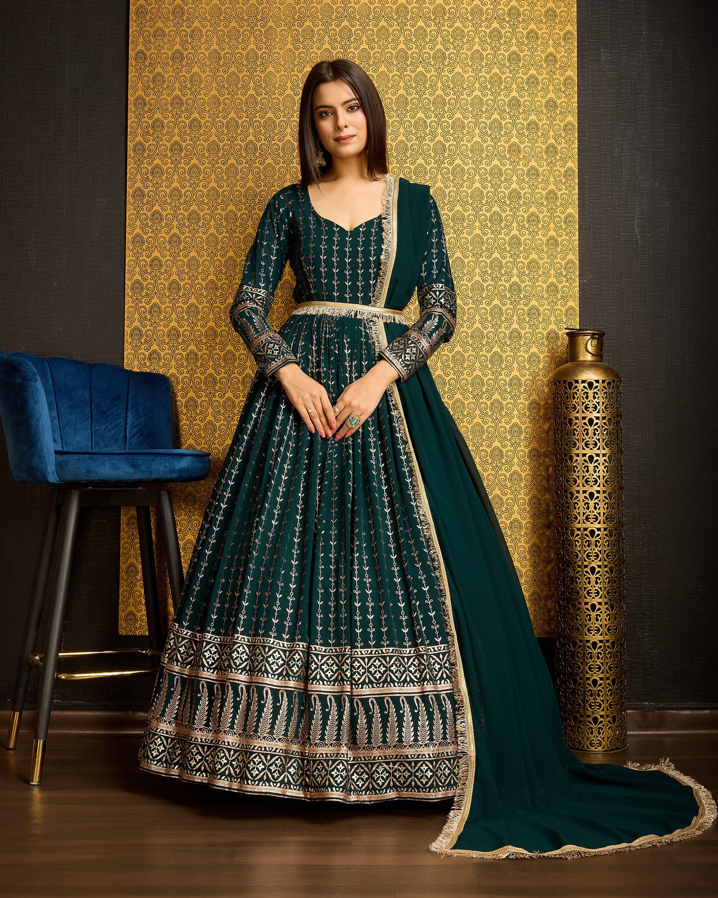 Adorable Green Color Metalic Foil Work Ready To Wear Gown