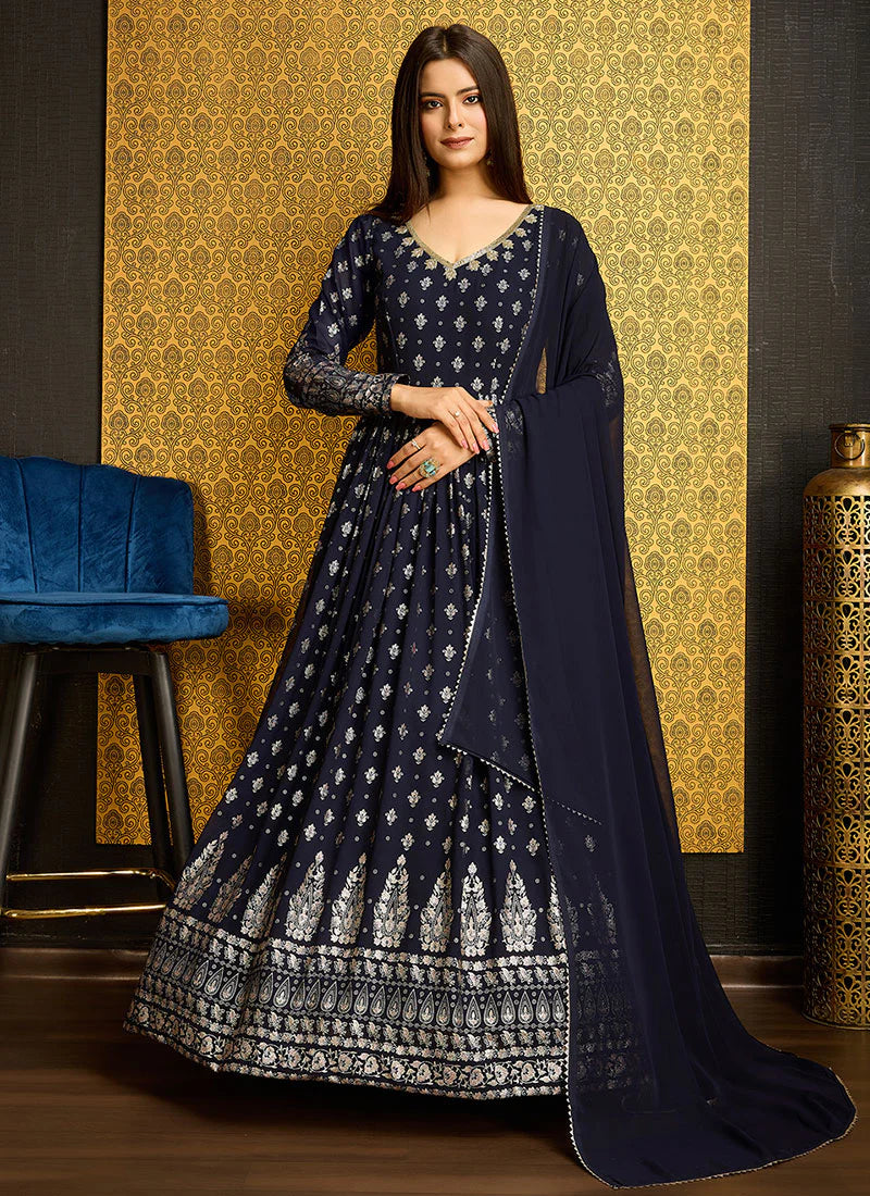 Adorable Navy Blue Color Metalic Foil Work Ready To Wear Gown