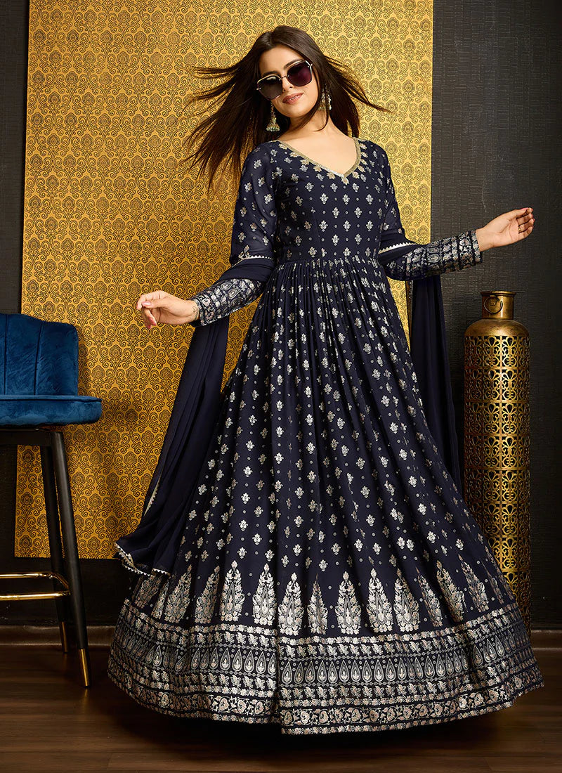 Adorable Navy Blue Color Metalic Foil Work Ready To Wear Gown