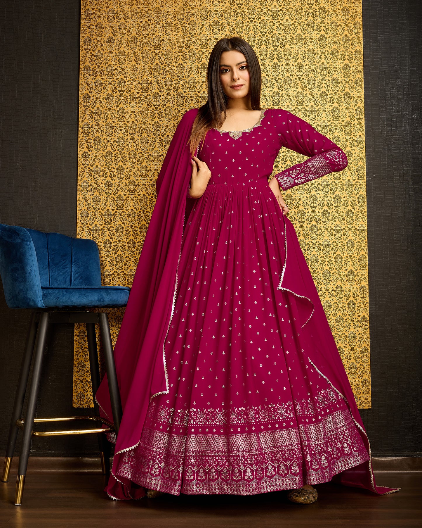 Adorable Rani Color Metalic Foil Work Ready To Wear Gown