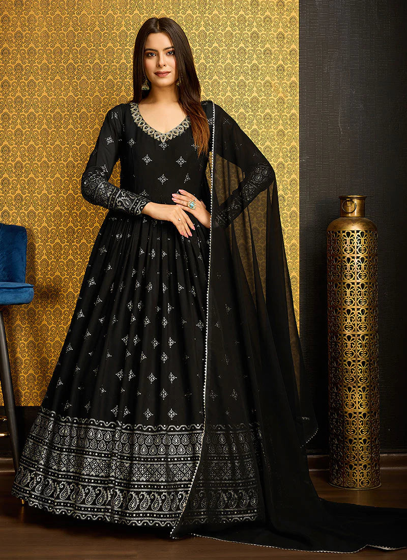 Adorable Black Color Metalic Foil Work Ready To Wear Gown