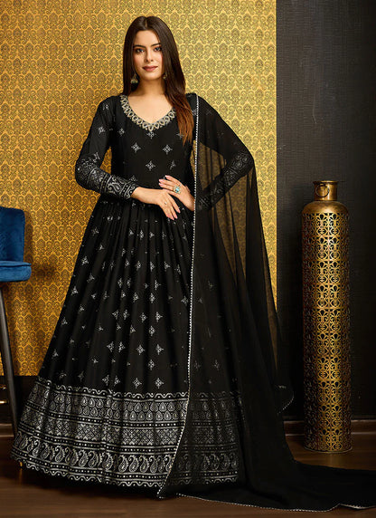 Adorable Black Color Metalic Foil Work Ready To Wear Gown