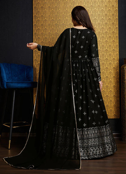 Adorable Black Color Metalic Foil Work Ready To Wear Gown