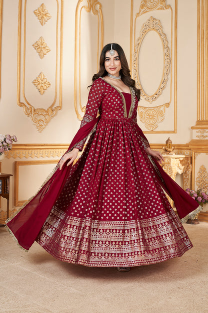 Red Anarkali gown with metallic foil accents and matching dupatta