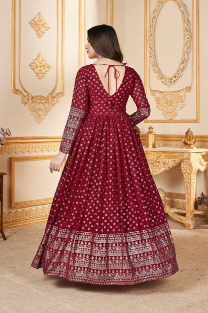 Red Anarkali gown with metallic foil accents and matching dupatta