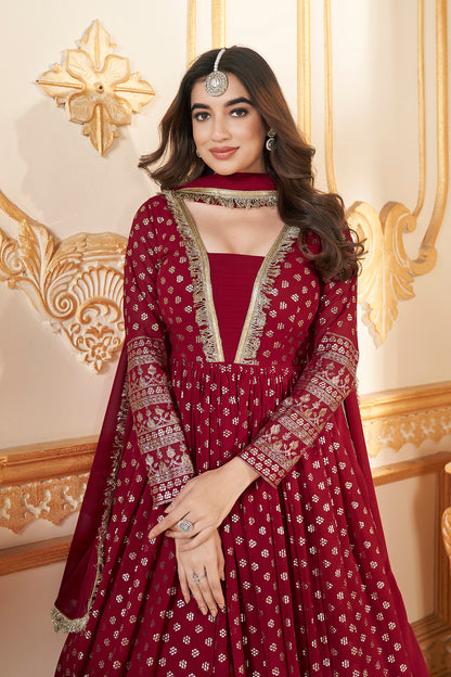 Red Anarkali gown with metallic foil accents and matching dupatta