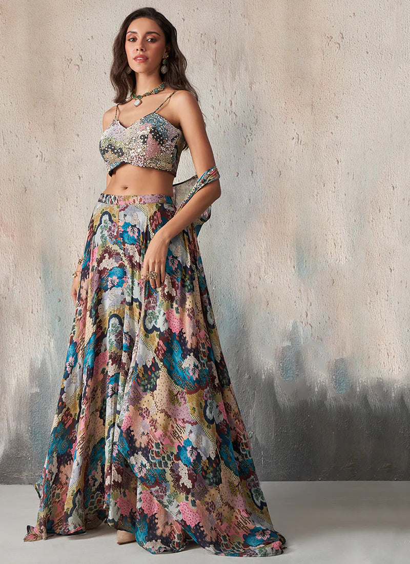 Blue Multicolor Printed Chinnon Sharara Choli with Dupatta- Perfect for Indian festival and Pakistani wedding