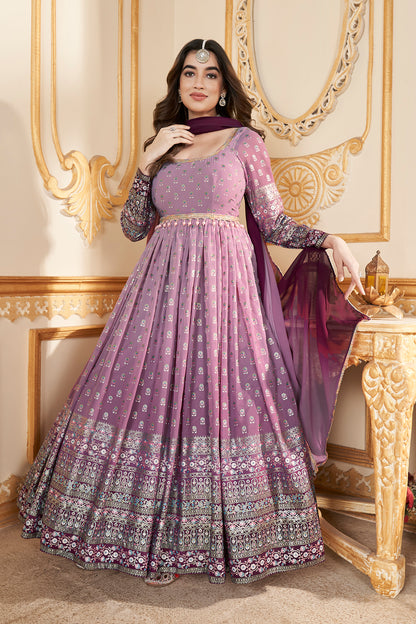 Purple Anarkali gown with metallic foil accents and matching dupatta