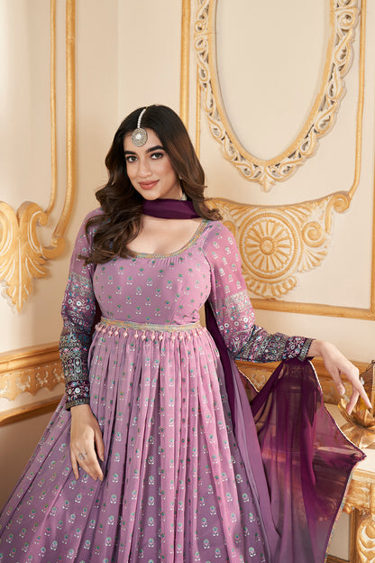 Purple Anarkali gown with metallic foil accents and matching dupatta