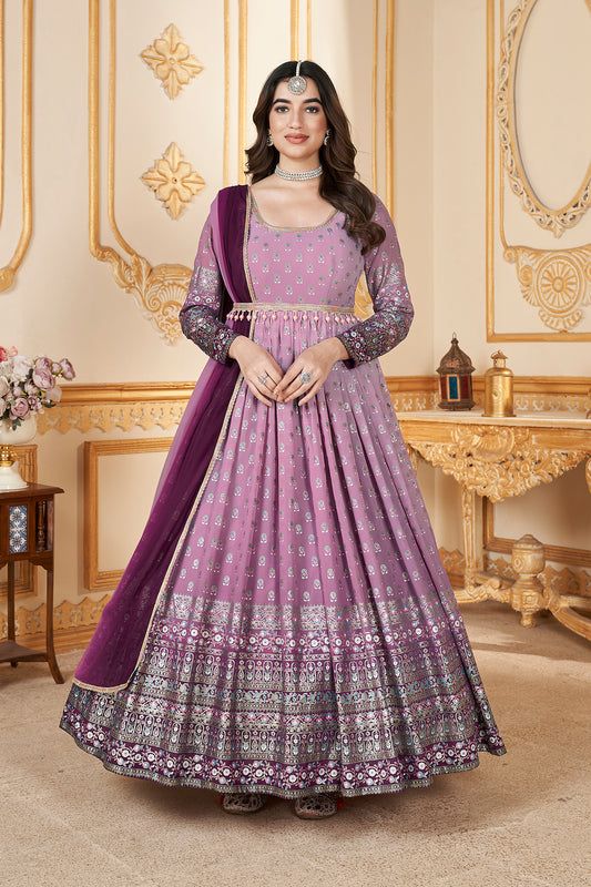 Purple Anarkali gown with metallic foil accents and matching dupatta