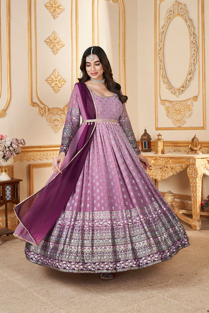 Purple Anarkali gown with metallic foil accents and matching dupatta