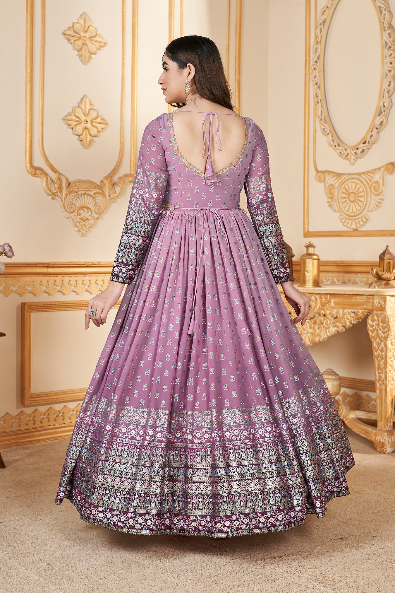 Purple Anarkali gown with metallic foil accents and matching dupatta