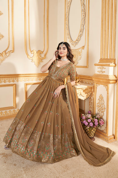 Mustard Yellow gown with metallic foil accents and matching dupatta