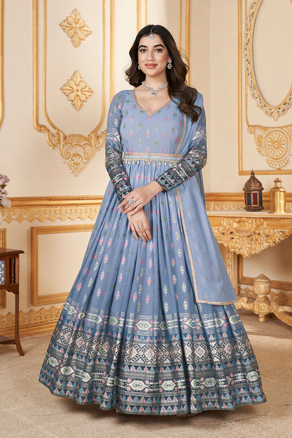 Blue Anarkali gown with metallic foil accents and matching dupatta.