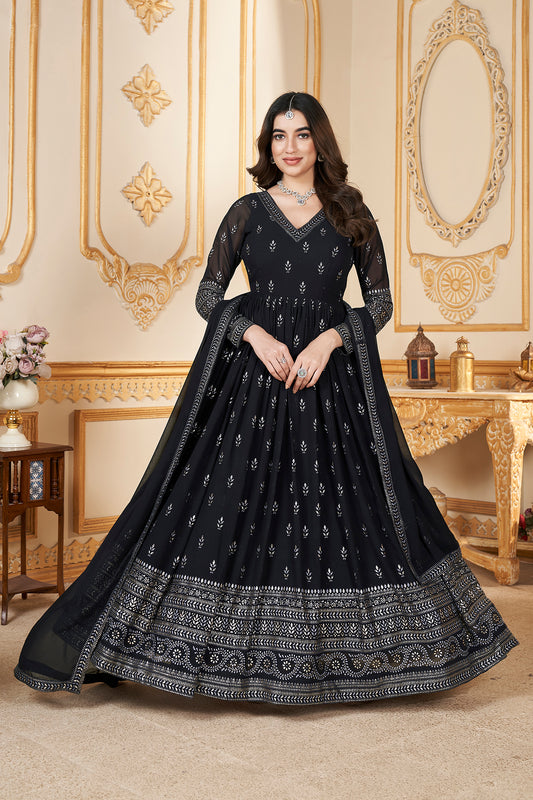 Black Anarkali gown with metallic foil accents and matching dupatta