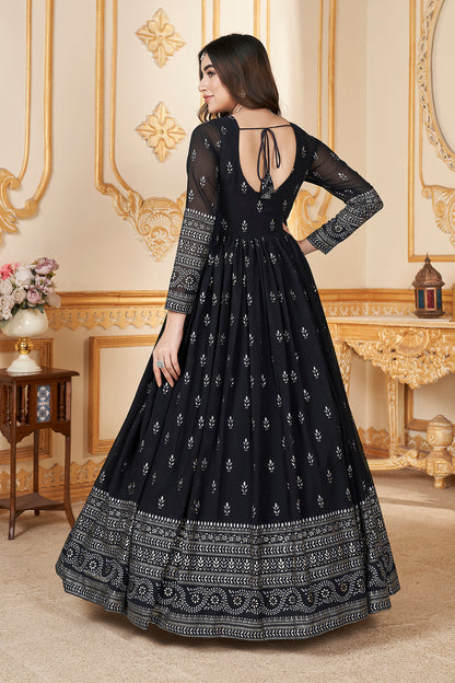 Black Anarkali gown with metallic foil accents and matching dupatta