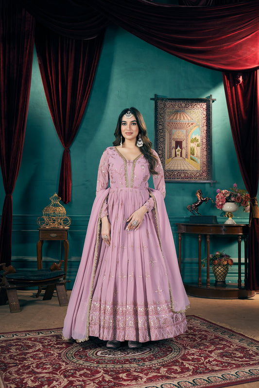 Pink Color Fox Georgette Metallic Foil Work Gown with Dupatta