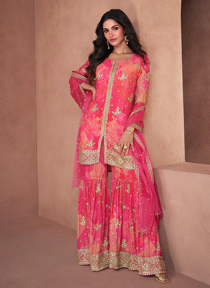 Chic Hot Pink Gharara Suit with Printed Design and Sequin Embroidery