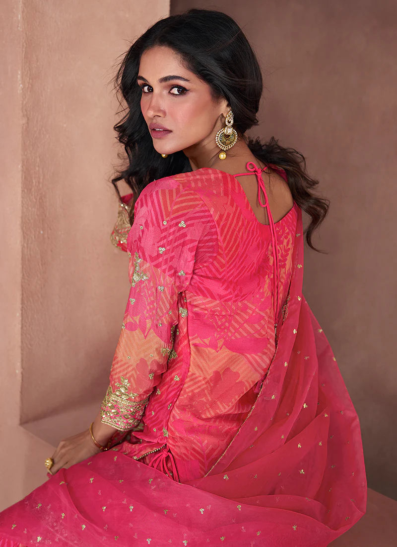 Chic Hot Pink Gharara Suit with Printed Design and Sequin Embroidery