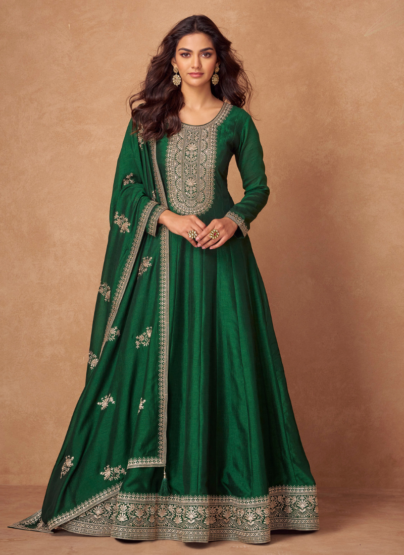 Green Anarkali Silk Gown with Embroidery Work and Dupatta for Pakistani Weddings and Indian Festivals 