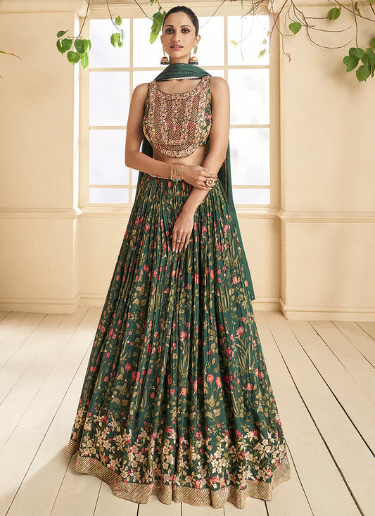 Beautiful Dark Green Lehenga Choli with Mirror Work Details