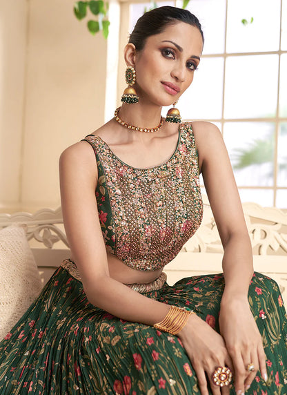 Beautiful Dark Green Lehenga Choli with Mirror Work Details