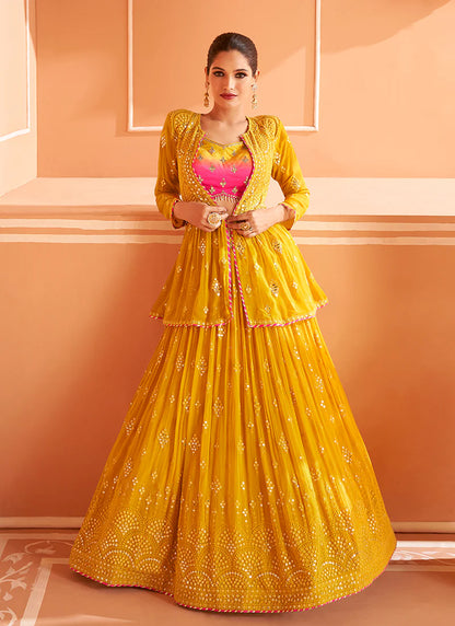 Chic Yellow Lehenga Choli with Sequin Embroidered Jacket