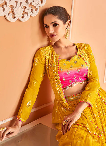 Chic Yellow Lehenga Choli with Sequin Embroidered Jacket