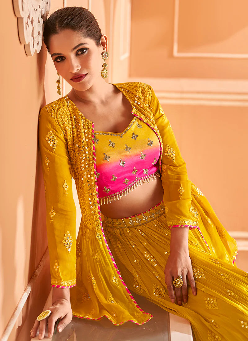 Chic Yellow Lehenga Choli with Sequin Embroidered Jacket