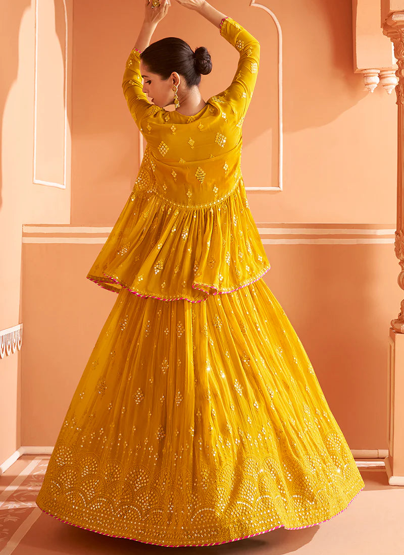 Chic Yellow Lehenga Choli with Sequin Embroidered Jacket