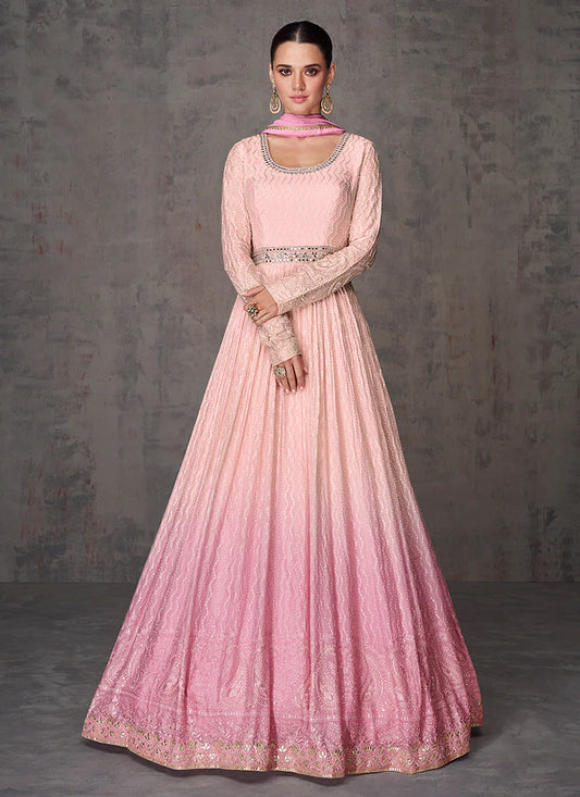 Pink Ombré Anarkali Gown with Mirror and Sequin Work