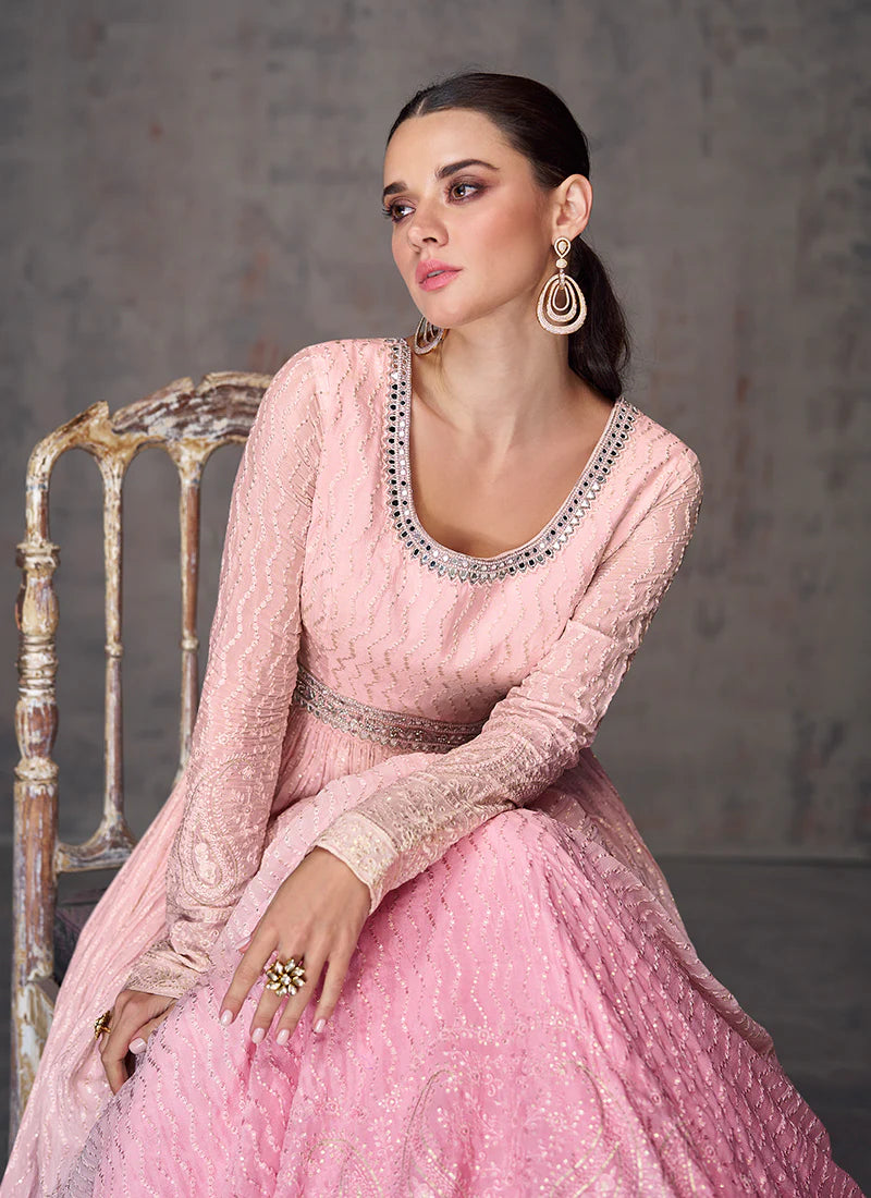 Pink Ombré Anarkali Gown with Mirror and Sequin Work