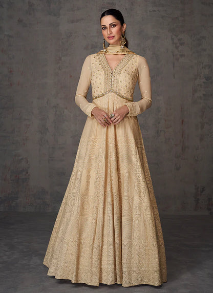 Beige Anarkali Gown with Mirror and Sequin Work