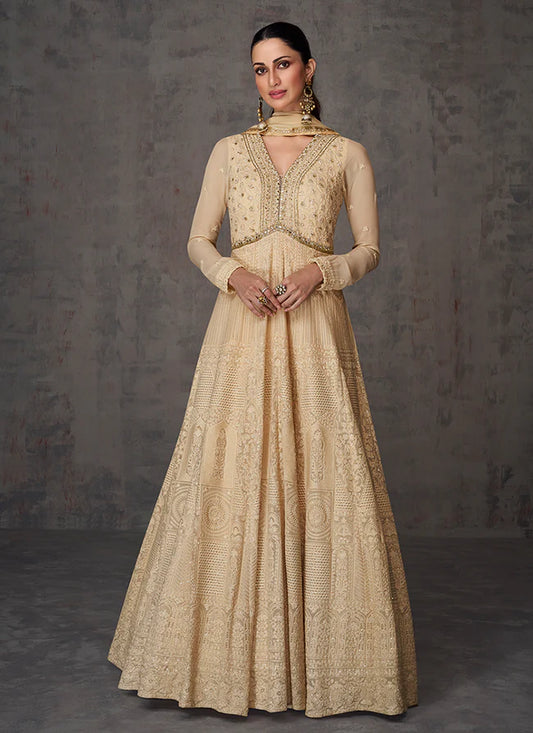 Beige Anarkali Gown with Mirror and Sequin Work