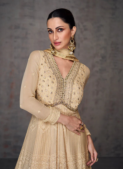 Beige Anarkali Gown with Mirror and Sequin Work