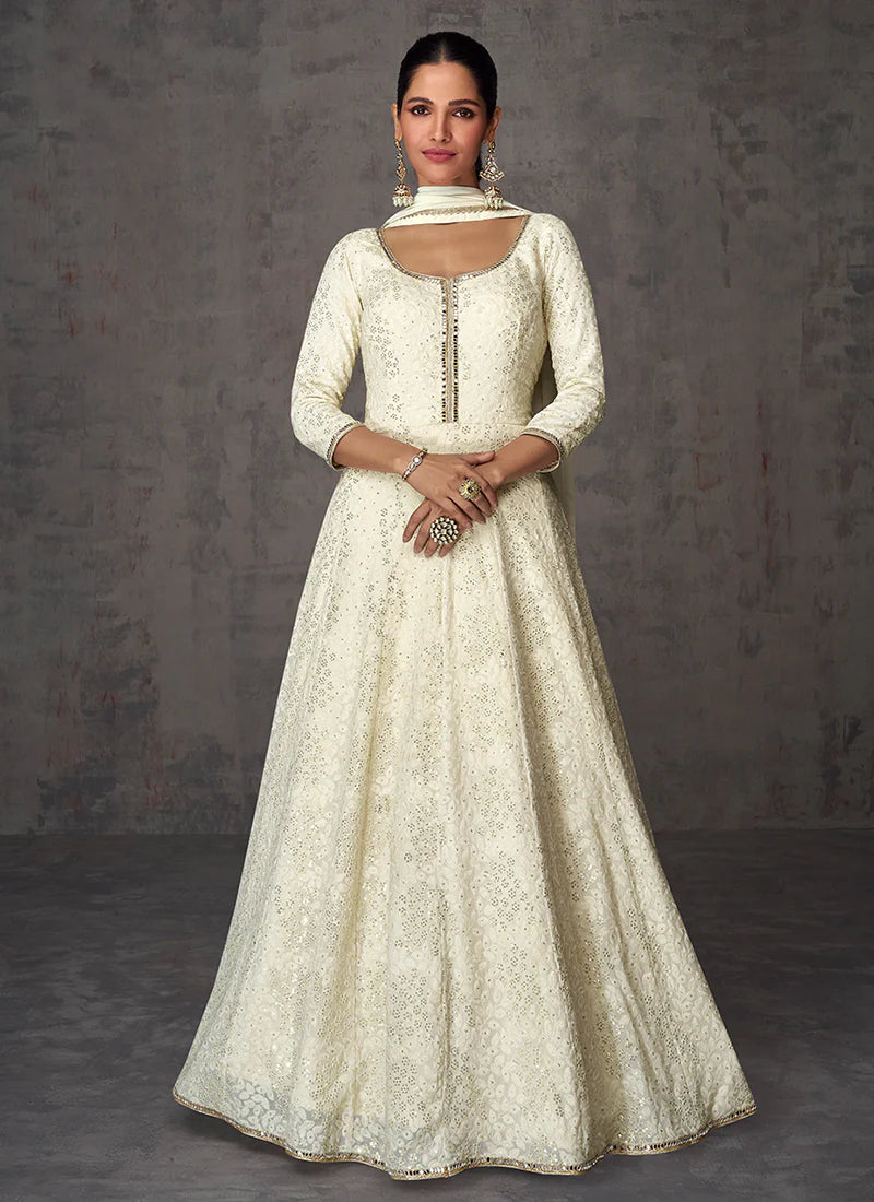 Off White Anarkali Gown with Mirror and Sequin Work