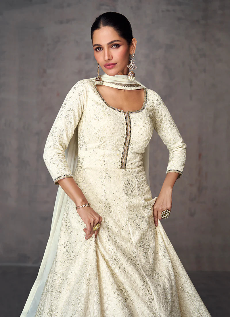 Off White Anarkali Gown with Mirror and Sequin Work