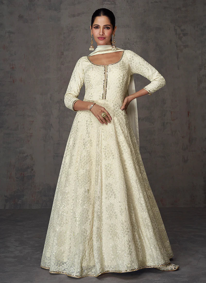 Off White Anarkali Gown with Mirror and Sequin Work