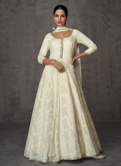 Off White Anarkali Gown with Mirror and Sequin Work