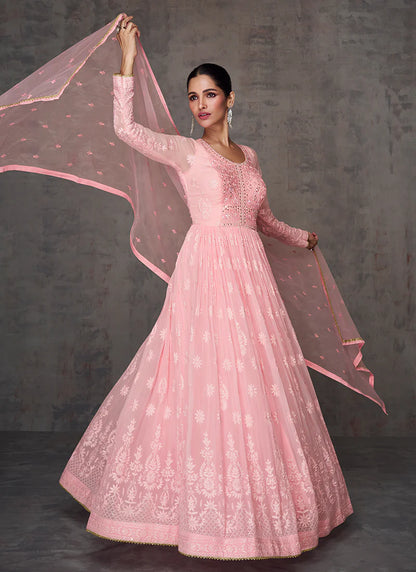 Lucknowi Mirror Work Pink Anarkali Gown