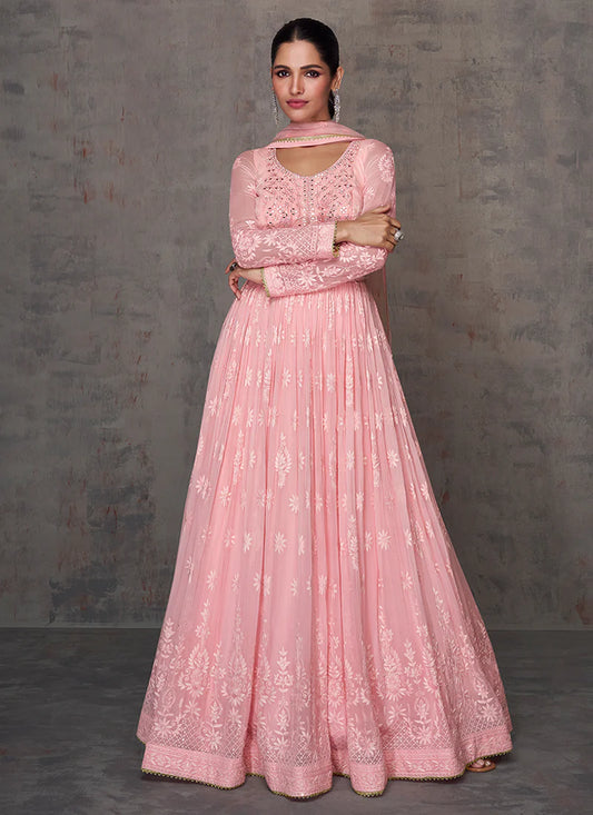 Lucknowi Mirror Work Pink Anarkali Gown