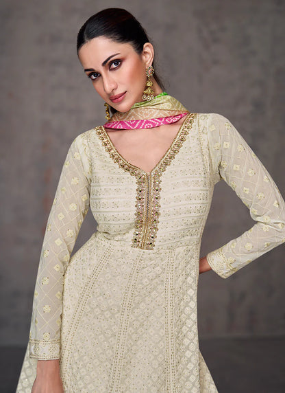 Lucknowi Mirror Work Off-White Anarkali Gown