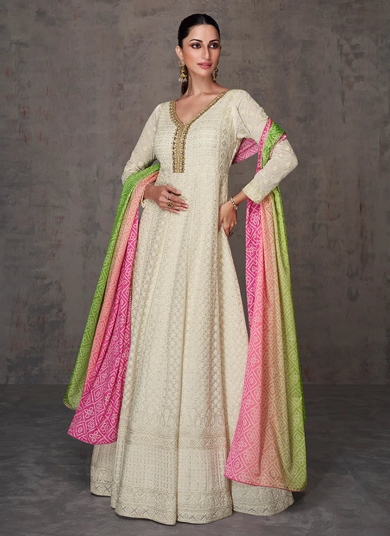 Lucknowi Mirror Work Off-White Anarkali Gown