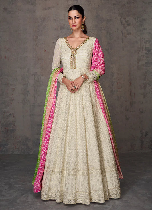 Lucknowi Mirror Work Off-White Anarkali Gown